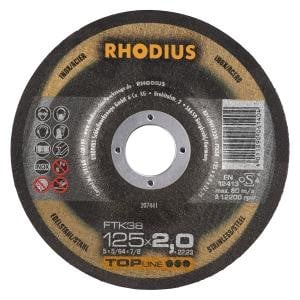 Rhodius TOPline FTK38 Freihandtrennscheibe, Durchmesser [mm]: 125, Stärke [mm]: 2, Bohrung [mm]: 22.23, VE: 25 Stück, 207441