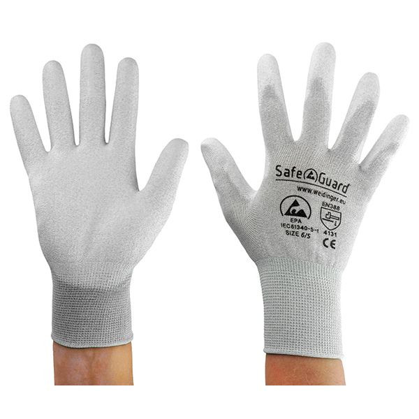 SafeGuard ESD-Handschuh grau/weiß, beschichtete Handflächen Nylon/Carbon Größe S, VE: 12 Paar, DSWL39621