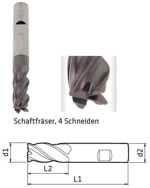 ELMAG Schaftfräser Ø: 8mm, 4-Schneiden, Titanaluminiumnitrid für Werkstoffe bis 1200 N/mm² Zugfestigkeit, 17264