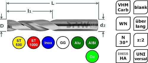 SPPW Universalfräser VHM z:2 WN N30° L: 70x30 Ø3, 6626400300