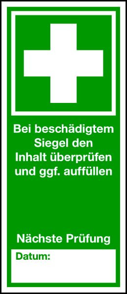 Schilder Klar Bei beschädigtem Siegel den Inhalt überprüfen und ggf. auffüllen (1 VE = 5 Stück 70 x 30 mm), 70x150 mm Dokumentenfolie selbstklebend, 440/61