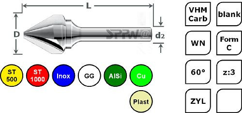 SPPW Kegelsenker VHM 60° z:3 Form C L: 67 Ø20,5, 6533002050