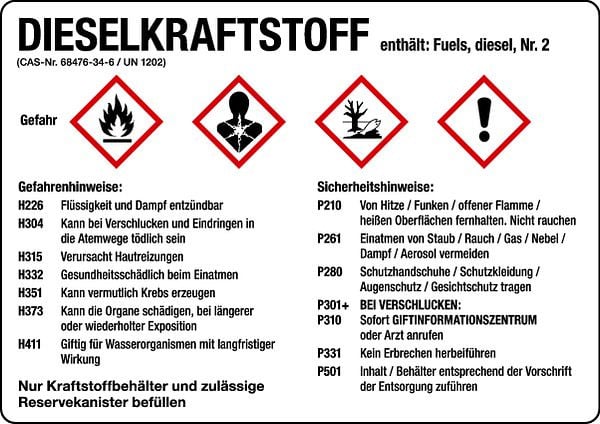 Schilder Klar Gefahrengutkennzeichnung GHS-Gefahrstoffetiketten: Dieselkraftstoff, 148x105 mm Folie selbstklebend, 584/32