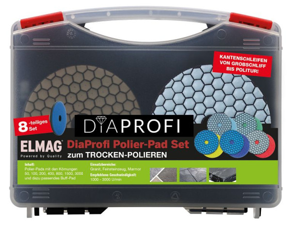 ELMAG DiaProfi-Polierpad - SET Ø100mm, Körnung 50/100/200/400/800/1500/3000 inkl. Halteteller im Koffer, 62310