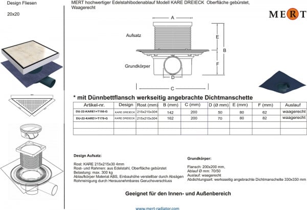 MERT Grundkörper Flansch 50 Ø mm, Dichtungsmanschette werkseitig vormontiert, senkrechter Ablauf, Ablaufaufsatz Ø 100 mm, Ablauf mit Ø 50 mm, DU-T250-G