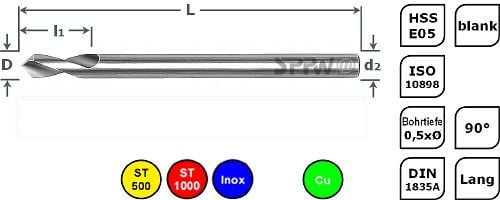 SPPW NC-Anbohrer HSS-E05 90° ISO Lang L: 80x10 - Ø3, 1233900300