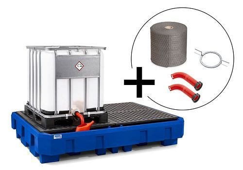 DENIOS classic-line Set aus 2-IBC-PE-Auffangwanne, 2 Auslaufverlängerungen, IBC-Deckel-Öffner und Bindevliesrolle, 276651