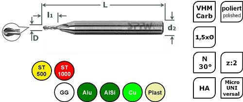 SPPW Micro-Radiusfräser VHM 1,5xØ L: 39x1,80 z:2 d3 Ø1,20, 6685270120