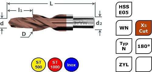 SPPW Kurzstufenbohrer HSS-E05+X5Cut 180° L: 45x6 Ø2,4x4,3 - M2, 1234170200