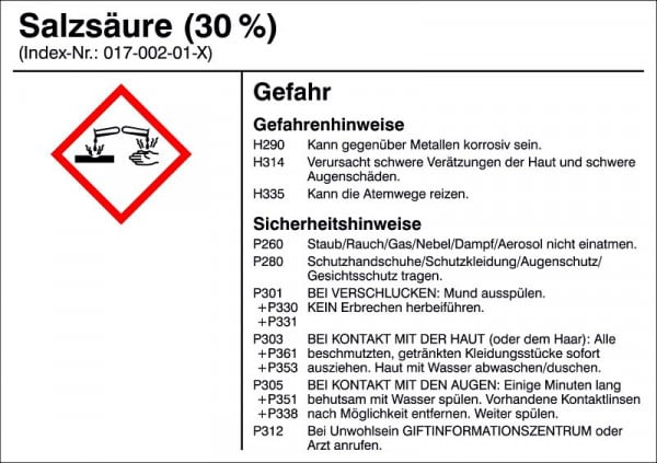 SafetyMarking Gefahrstoffetikett, G018: Salzsäure (30%), für Behälter bis 3 Liter, 10,5x7,4 cm, Folie, selbstklebend, 21.B1200-G018