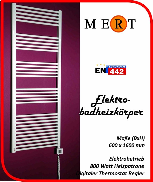 MERT Elektro-Badheizkörper weiß, gerade, 600 x 1600 mm, befüllt, E1-60x160-B