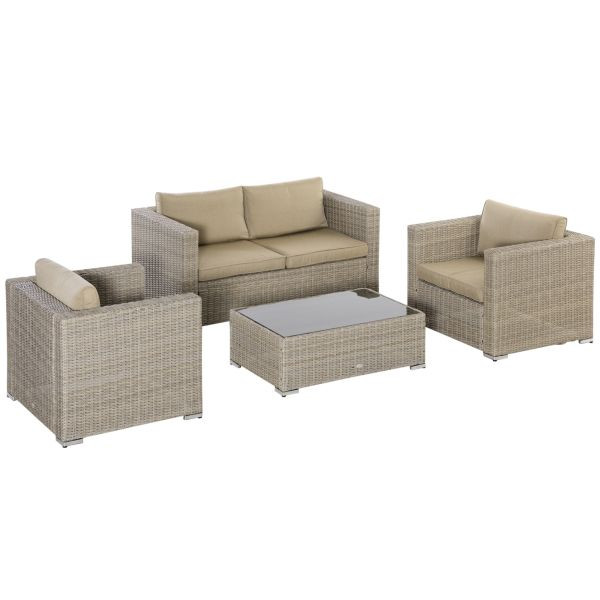 Outsunny 4-teilig Polyrattan Gartenmöbel Set Gartengarnitur Garten-Set Sitzgruppe Loungeset Loungemöbel mit Couchtisch Sitzkissen Khaki+Beige, 860-211