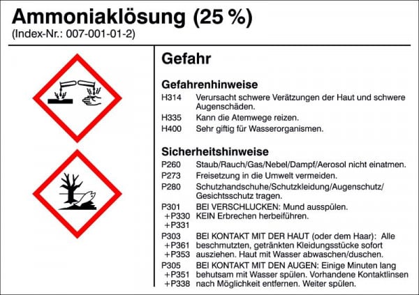 SafetyMarking Gefahrstoffetikett, G002: Ammoniaklösung (25%), für Behälter bis 3 Liter, 10,5x7,4 cm, Folie, selbstklebend, 21.B1200-G002