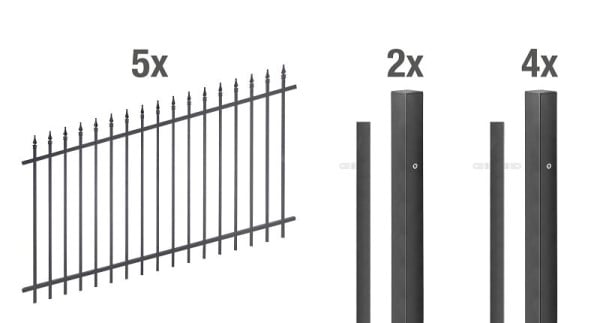 Alberts Zaun-Set Chaussee verstellbar, Aluminium, matt schwarz kunststoffbeschichtet, zum Einbetonieren, 10 m x 1000 mm, 511562