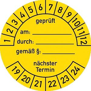 Moedel Prüfplakette geprüft am: durch: 2019-2024, Dokumentenfolie, Ø 40 mm, VE: 10 Stück/Bogen, 54560