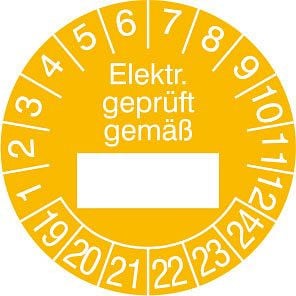 SafetyMarking Prüfplakette, elektrisch geprüft gemäß, Prüfzeitraum: 19-24, Ø 2,5 cm, Folie, selbstklebend, VE: 500 Stück/Rolle, 31.0799-19-24