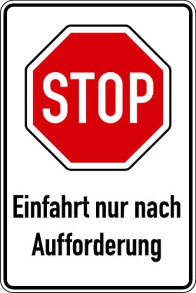 Schilder Klar Parkplatzschild STOP Einfahrt nur nach Aufforderung, 600x900x2 mm Aluminium 2 mm, 1169/55