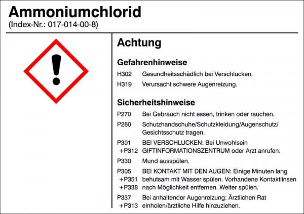 SafetyMarking Gefahrstoffetikett, G003: Ammoniumchlorid, für Behälter bis 3 Liter, 10,5x7,4 cm, Folie, selbstklebend, 21.B1200-G003