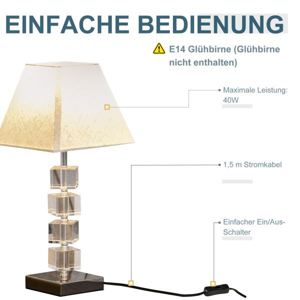 HOMCOM Tischlampe mit drehbarem Kristallwürfel, Kristallglas, cremeweiß 20x20x47 cm, B31-215