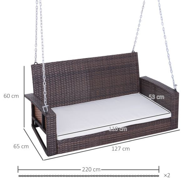 Outsunny Hängebank 2-Sitzer Rattan Gartenschaukel mit Sitzkissen Hängeschaukel Hollywoodschaukel Schaukelbank Gartenbank Braun 127 x 57,5 x 60 cm, 867-025