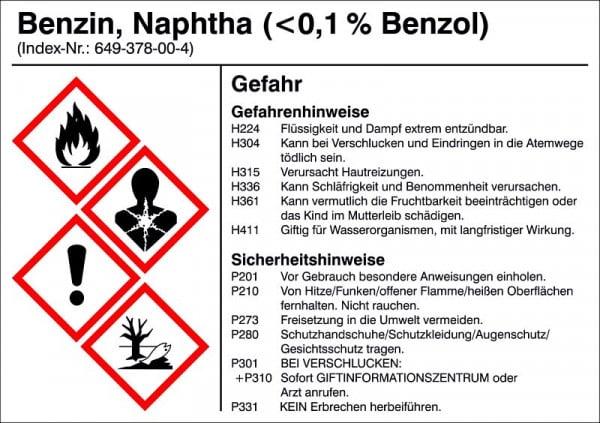 SafetyMarking Gefahrstoffetikett, G004: Benzin (<0,1% Benzol), für Behälter bis 3 Liter, 10,5x7,4 cm, Folie, selbstklebend, 21.B1200-G004