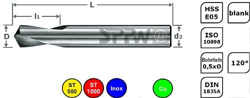 SPPW NC-Anbohrer HSS-E05 120° ISO L: 102x30 - Ø12,0, 1233801200