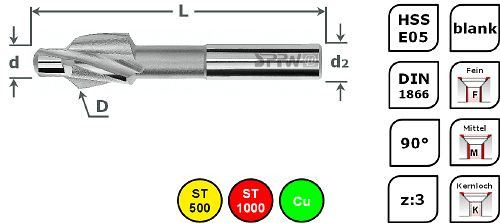 SPPW Zapfensenker HSS-E05 90° DIN1866 Ø7,0x2,9 M3,5 K, 155800035K