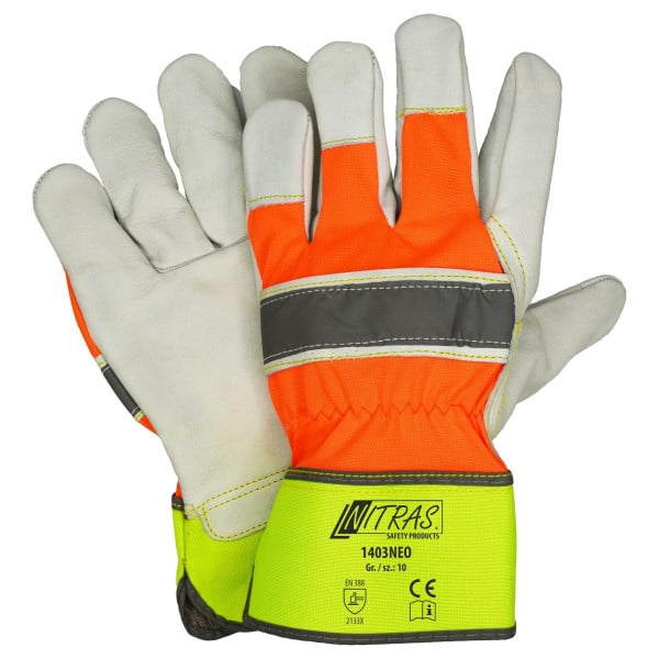 NITRAS Rindvolllederhandschuhe, Textil-Rücken, neonorange, Rindvolleder, grau, Innenhandfutter, gummierte Stulpe, Größe: 10, VE: 60 Paar, 1403NEO-10