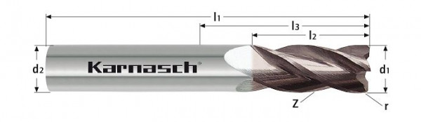 Karnasch VHM-Schaftfräser mit Eckenradius Exotic d= 14,0 / r= 3 / L3= 42 HXP-7, 307421140030