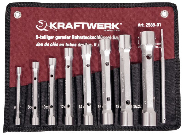 Kraftwerk Gerader Doppel-/Rohrsteckschlüssel-Satz, massive Ausführung, CNC-präzisions-gefertigt 6 -22 mm + Stift, 9-tlg, 2599-01