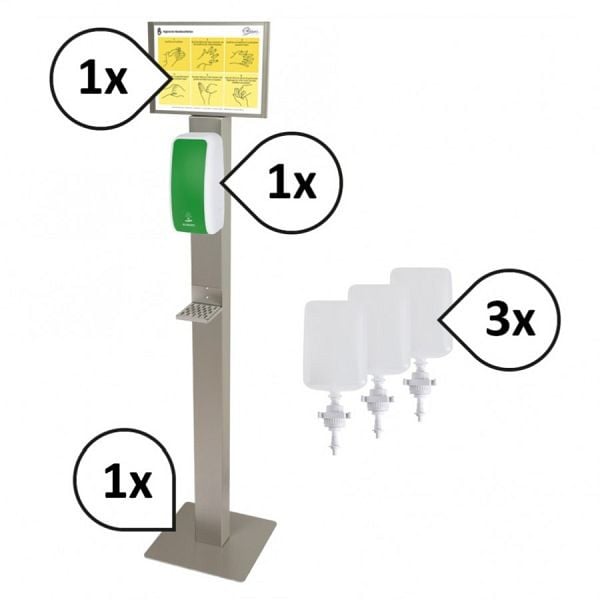 Blanc Hygienic SET: Desinfektionsspender SENSOR Cosmos + Bodenständer, Infotafel, Desinfektion & Hygieneplan, Farbe: grün/weiß, PS-BodS-CDM-DES-5350WG