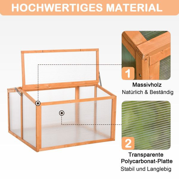 Outsunny Frühbeet Treibhaus Gewächshaus Frühbeetkasten Pflanzenbeet mit Abdeckung aus Holz und Polycarbonat wetterfest Orange 90 x 80 x 58 cm, 845-380