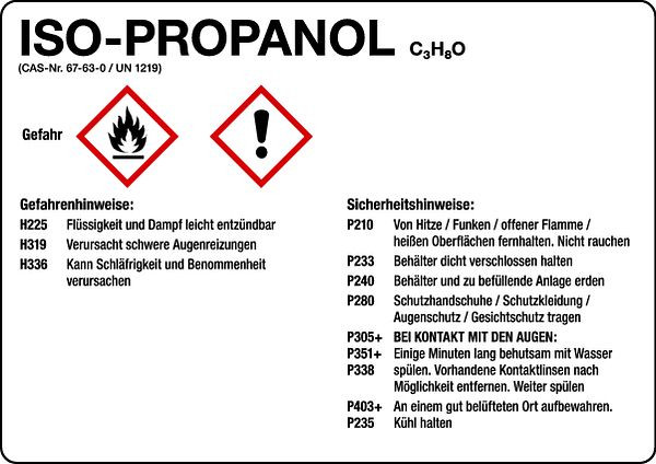 Schilder Klar Gefahrengutkennzeichnung GHS-Gefahrstoffetiketten: ISO-Propanol, 105x74 mm Folie selbstklebend, 509/31