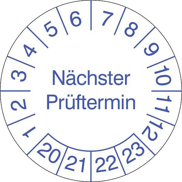 SafetyMarking Nächster Prüftermin, Prüfzeitraum: 20-23, für Labore und Krankenhäuser, Ø 3 cm, Folie, selbstklebend, VE: 15 Stück/Bogen, 30.C4020-20-23