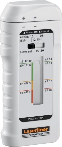 Laserliner PowerCheck Batterietester, Messbereich: 1,2V / 1,5V / 3,0V / 8,4V / 9,0V, VE: 5 Stück, 083.006A