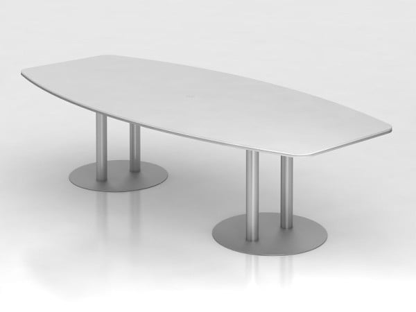 Hammerbacher Konferenztisch 280cm Säulenfuß, Weiß/Silber, tonnenförmig, VKT28S/W/S