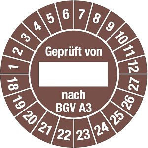 Moedel Prüfplakette Geprüft von nach BGV A3 2018-2027, Dokumentenfolie, Ø 25mm, VE: 10 Stück/Bogen, 54886