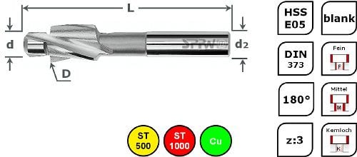 SPPW Flachsenker HSS-E 180° FEIN 6 Stück M3/4/5/6/8/10 F, 155200000F