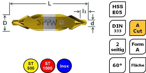 SPPW Zentrierbohrer HSS-E05+A.Cut DIN333 A Fläche - 1,60x4,00, VE: 10 Stück, 1232960160