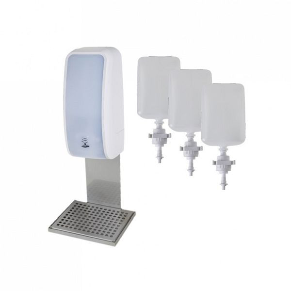 Blanc Hygienic SET: Desinfektionsspender SENSOR Cosmos + Desinfektion, Halterung mit Auffangschale, Farbe: weiß, PS-WH1-S-CDM-DES-5050W