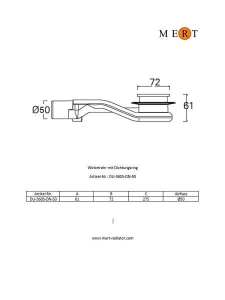 MERT "Flacho-360S" Winkel Rohr mit Dichtungslippe Ø 50 mm, DU-360S-DN-50