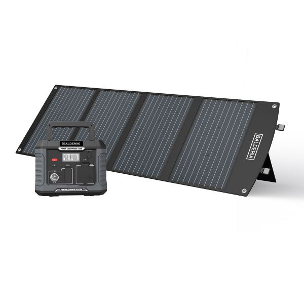 BALDERIA Power Set PS500-120 Mobiler Stromerzeuger/Stromspeicher/Solar-Generator: Tragbare Powerstation 500W + Solarpanel 120W, PPS500-SP120