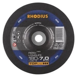 Rhodius TOPline RS50 LONGLIFE Schruppscheibe, Durchmesser [mm]: 180, Stärke [mm]: 7, Bohrung [mm]: 22.23, VE: 10 Stück, 210055