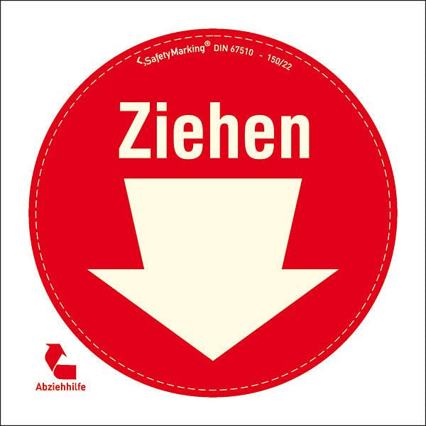 SafetyMarking Fluchtweg-Detailmarkierung, Türschild, Motiv: Ziehen + Pfeil, einseitig bedruckt, Ø 10 cm, Folie, selbstklebend, langnachleuchtend, 38.4961