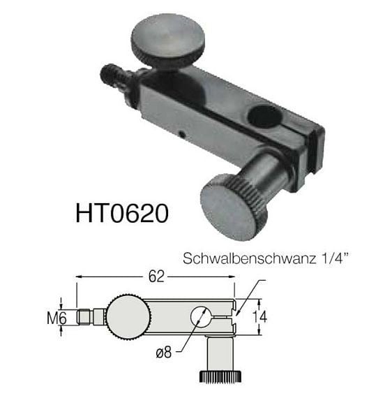 HoldTec Messuhrenaufnahme mit Feineinstellung aus Kunststoff für ø 8 mm, Schwalbenschwanz, HT0620