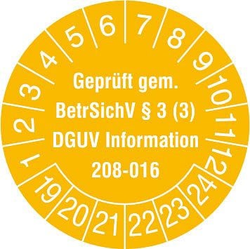 SafetyMarking Prüfplakette, Geprüft gemäß BetrSichV §3(3), Prüfzeitraum: 19-24, 3 cm, Folie, selbstklebend, VE: 500 Stück/Rolle, 31.C2170-19-24