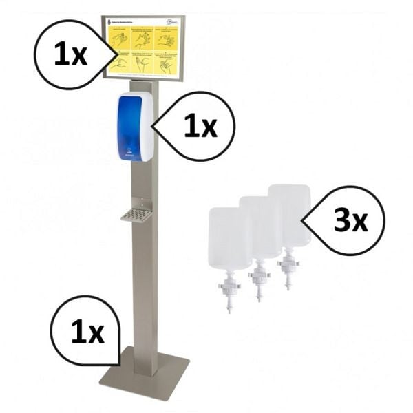 Blanc Hygienic SET: Desinfektionsspender SENSOR Cosmos + Bodenständer, Infotafel, Desinfektion & Hygieneplan, Farbe: blau/weiß, PS-BodS-CDM-DES-5200WB