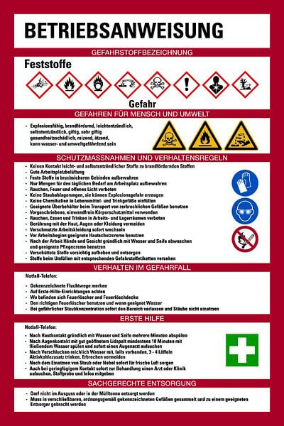 Schilder Klar Aushang Betriebsanweisung für Feststoffe nach GHS, 200x300x1.5 mm Kunststoff, 328572/72