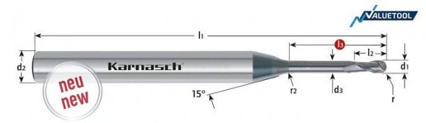 Karnasch VHM-Valuetool-Micro-3D-Radiusfräser < 55 HRC / HSC / HPC d= 6,0 / r= 3,00 / L3=15,0 mm WRC², VE: 2 Stück, 308012060015