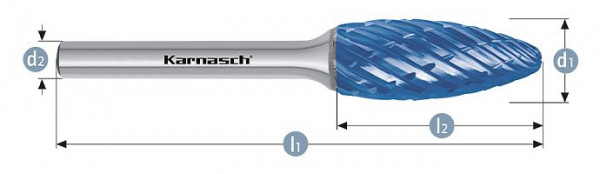 Karnasch Hartmetall-Frässtift Blue-Tec beschichtet Flamme/HP-8 d1= 12 / l2= 32 / d2= 6 / l1= 77mm, 116048025